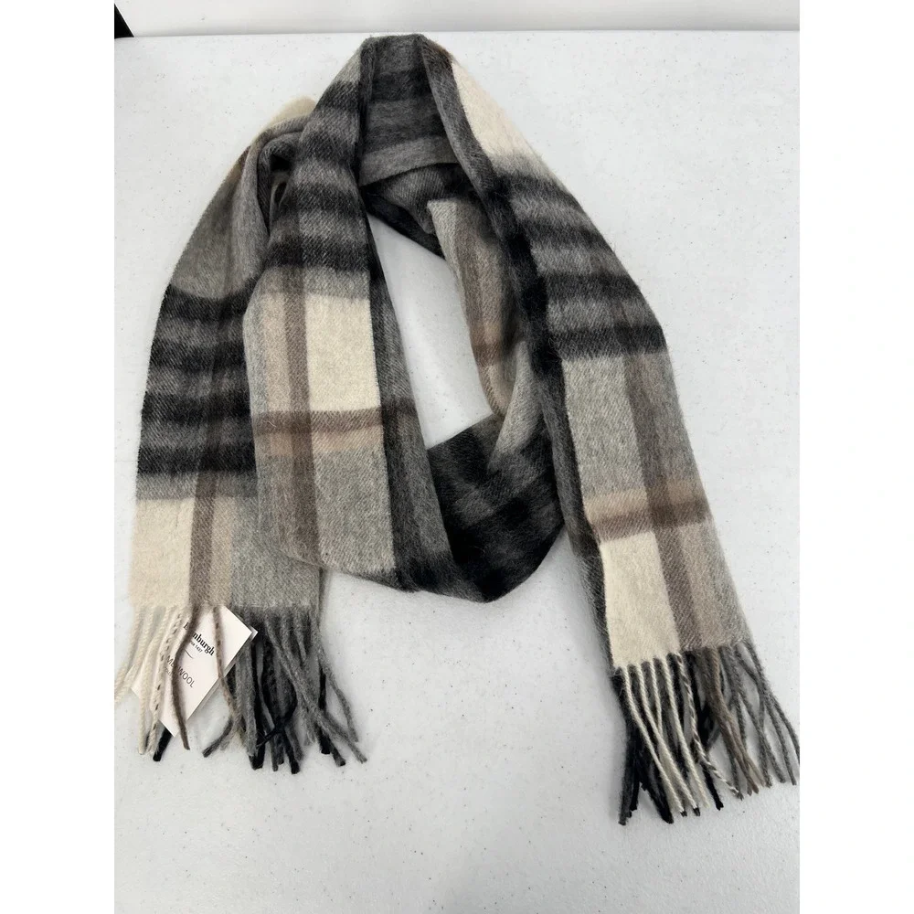 Edinburgh 100% Lambswool Tartan Scarf Chequer Gray Light Yellow NWT